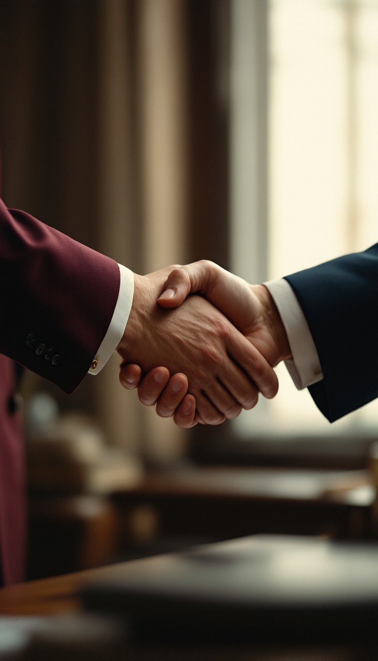 Two business professionals shaking hands in a modern office setting, symbolizing a successful partnership or agreement.