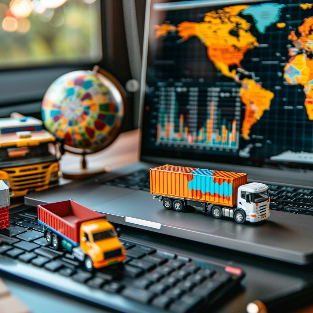 A laptop featuring a world map, with several toy trucks placed around it, representing logistics.