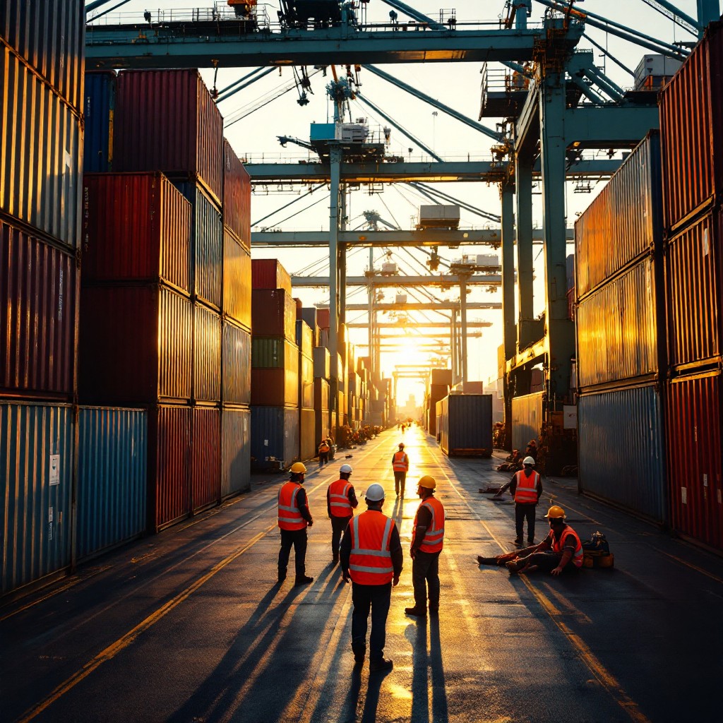 Group of workers in front of containers, with a vibrant sunset casting warm colors in the background.