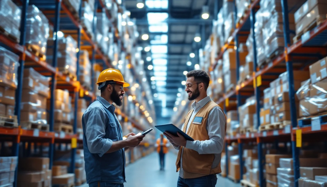 Two men standing in a warehouse, one holding a tablet while discussing inventory management.