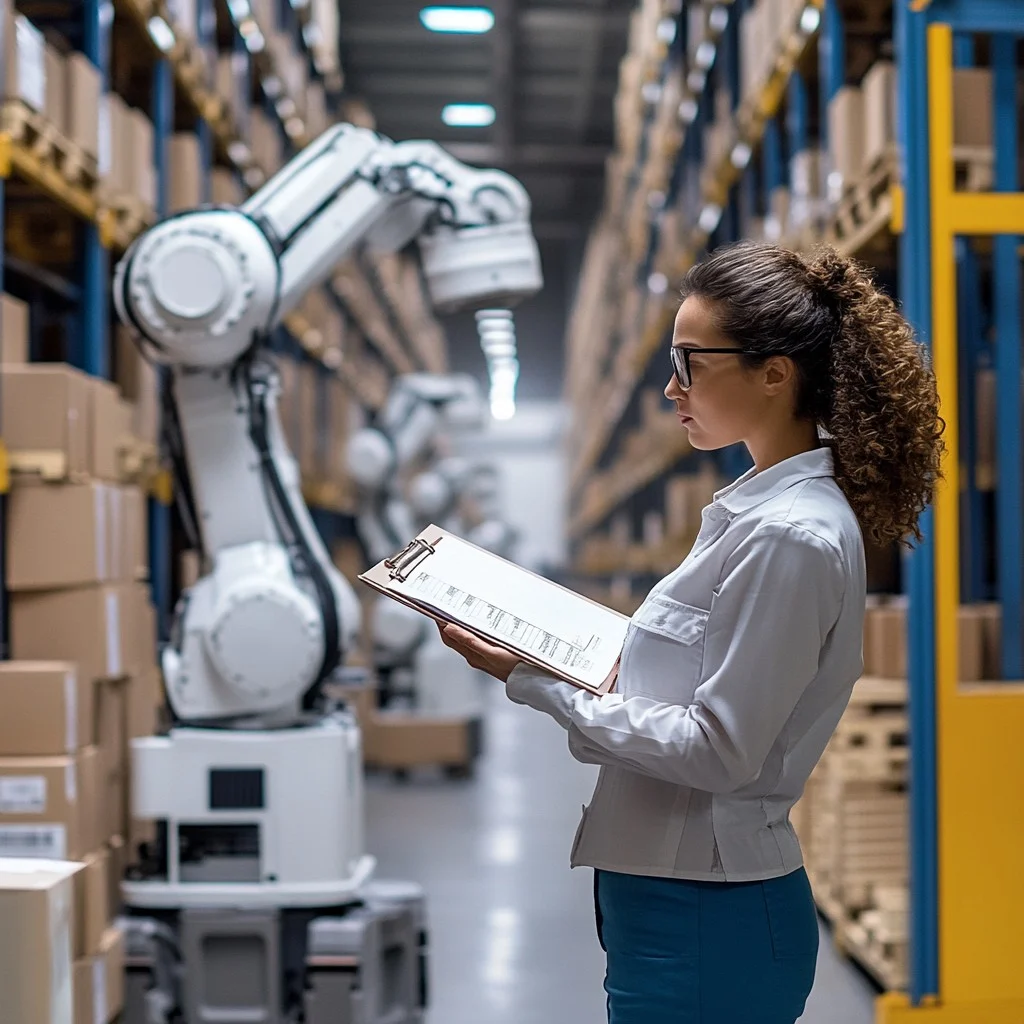 A woman stands in a warehouse beside a robot, showcasing a blend of human and technology in an industrial setting.