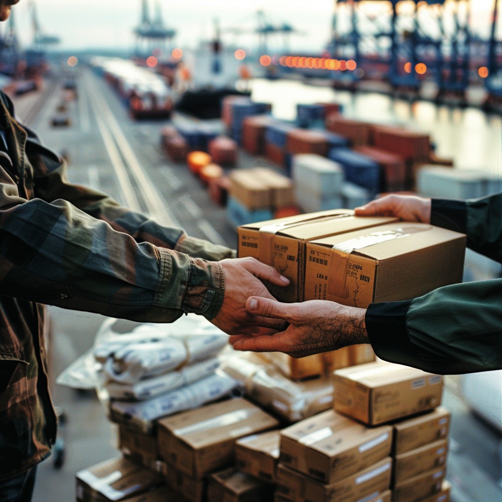 Two men passing packages to one another, illustrating a moment of cooperation and assistance.